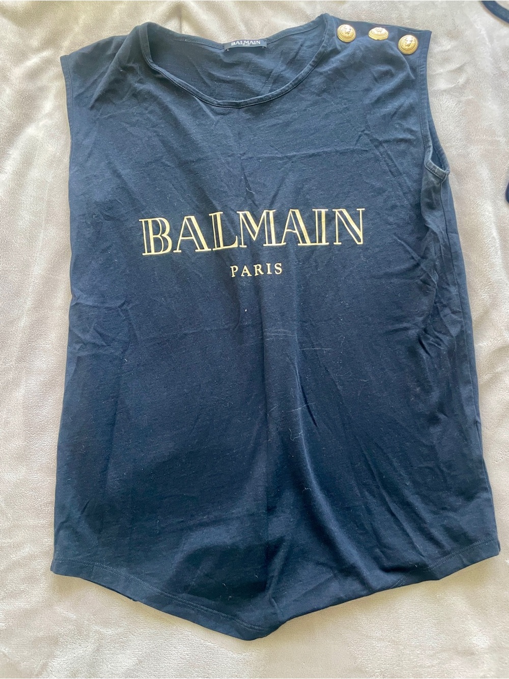 Balmain Black Logo Muscle Tank with Gold Button Detail